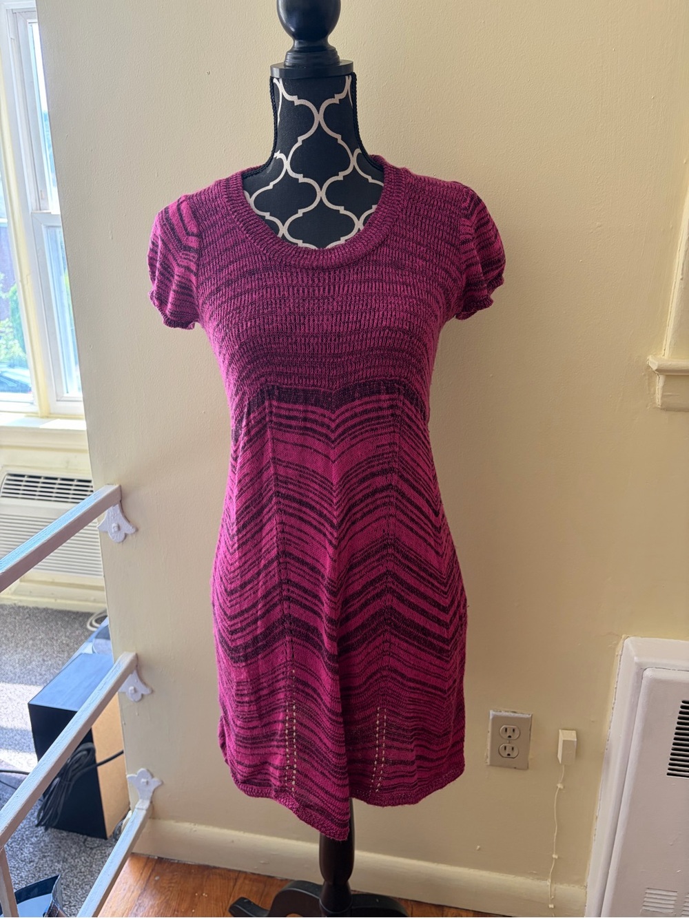 Wet Seal Vintage Y2K Striped Knit Short-Sleeve A-Line Dress Magenta Made in USA